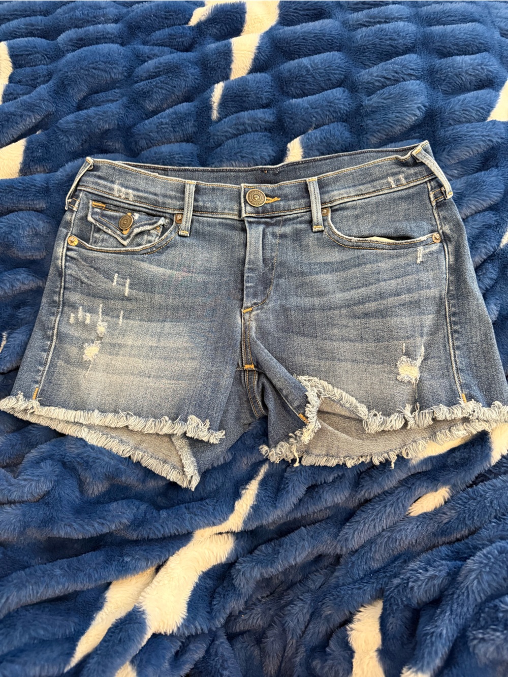 True Religion Frayed Hem Blue Distressed Denim Shorts